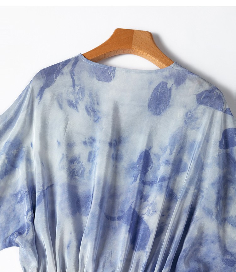 100% Mulbery Silk Light Blue Printed Short Sleeve Women A-Line Midi Dress M1357