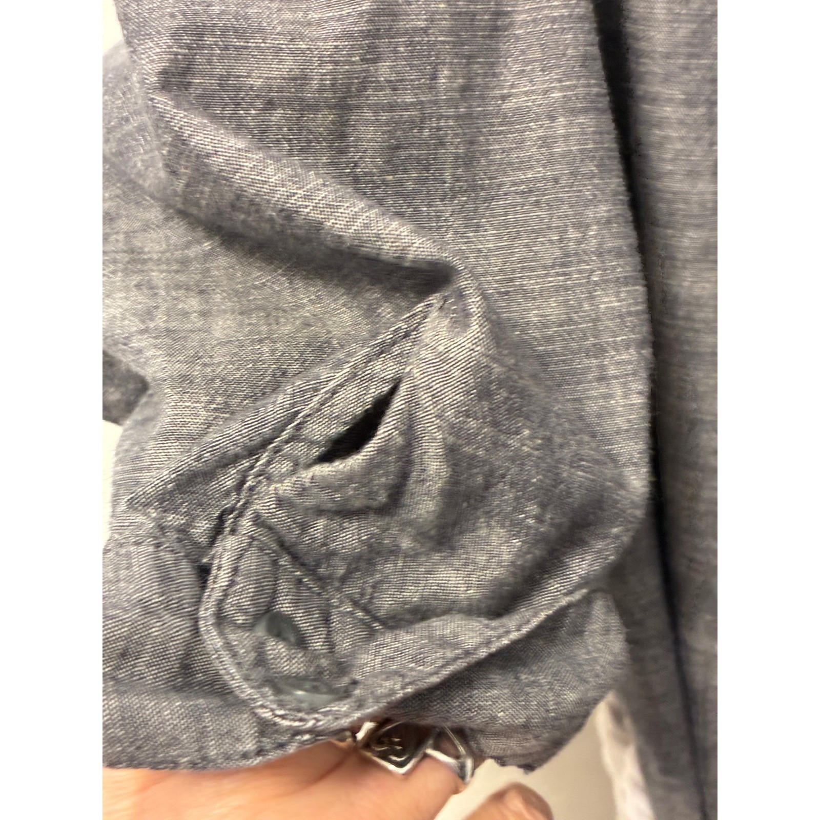 Chambray Button Down Shirt Dress Grey Blue Roll Tab Sleeve with Rope Belt