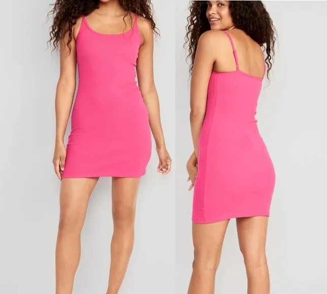 Old Navy Fitted Rib Knit Cami Mini Dress Size XS Hot Pink Spaghetti Shelf Bra
