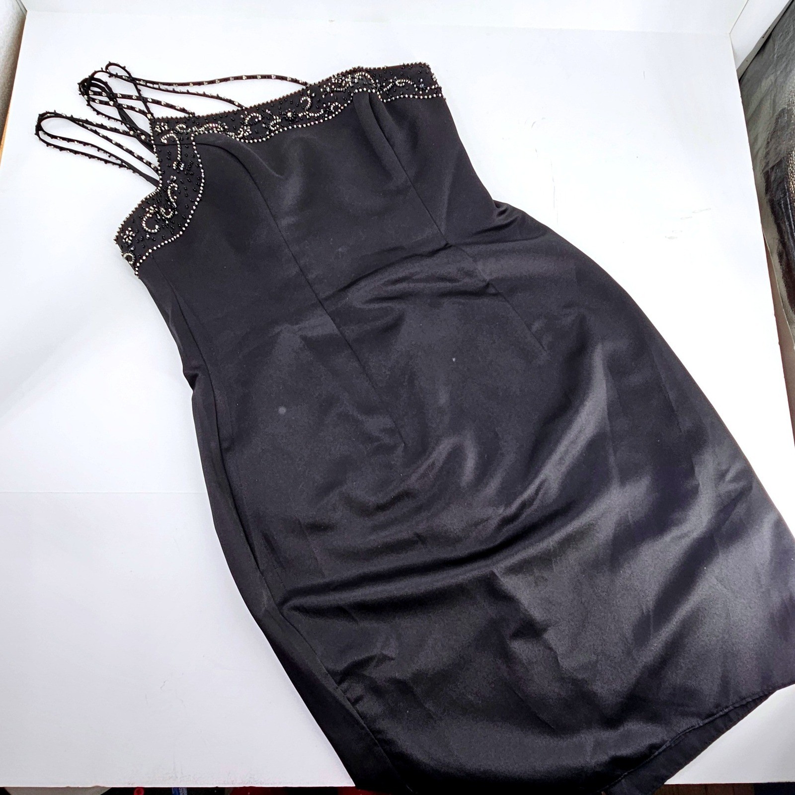 Vtg 90s Modern Maids Black Satin Beaded Asymmetrical Mukti Straps Mini Dress M/L