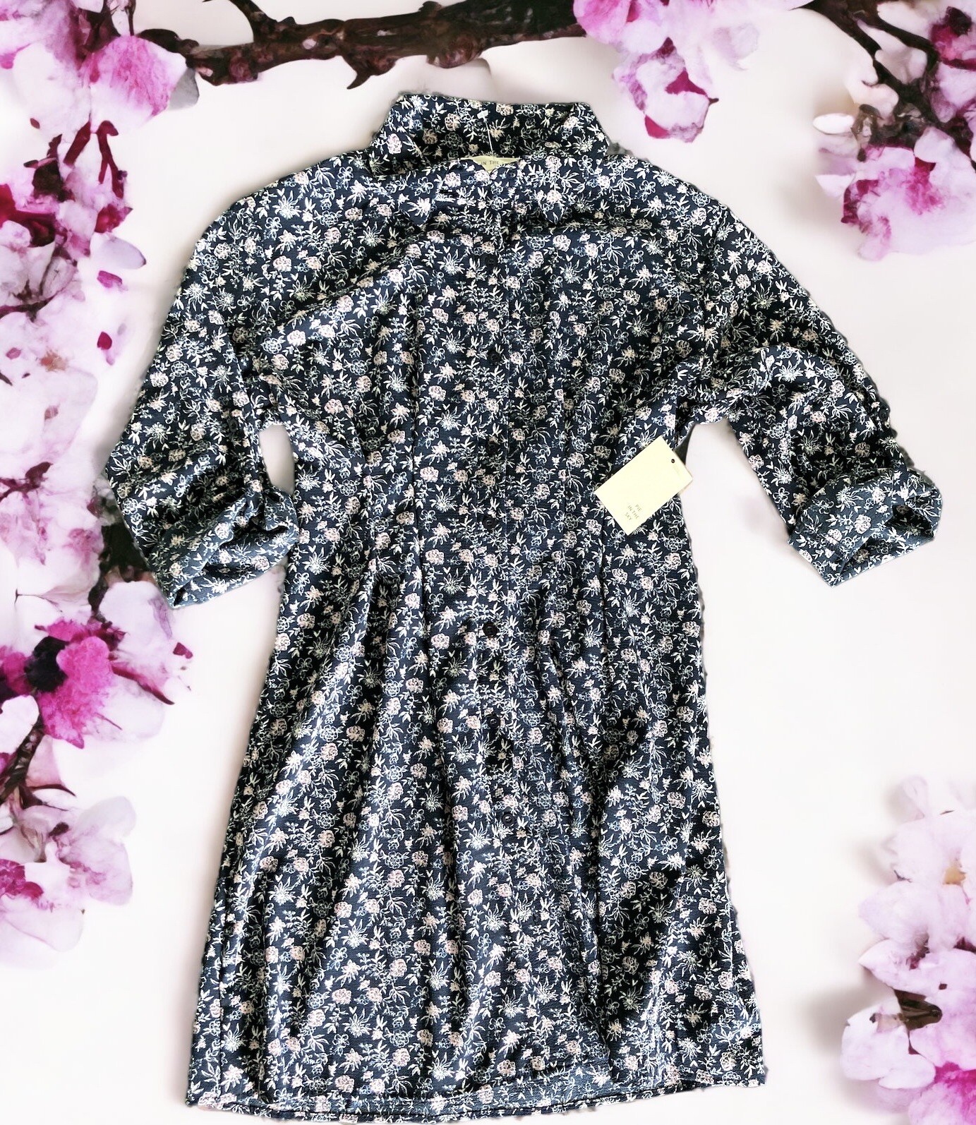 Womens Medium Pie in the Sky Shirt Dress Button Front Floral Navy Pink New NWT