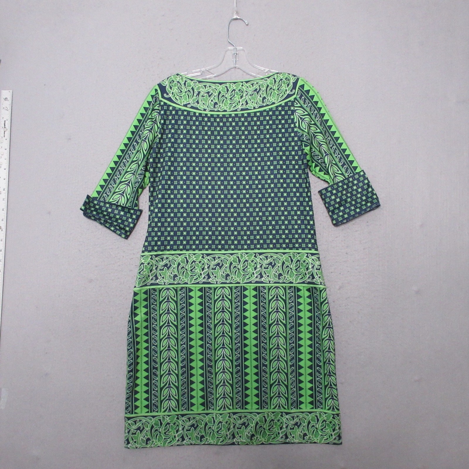 Gretchen Scott Dress Small Green Navy Medallion Tunic Shift Geometric Flip Cuff