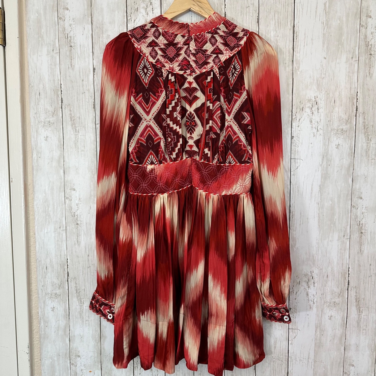 Farm Rio Ikat Boho Quilted Embroidery Puff Sleeve Mini Dress Size S Festival 70s
