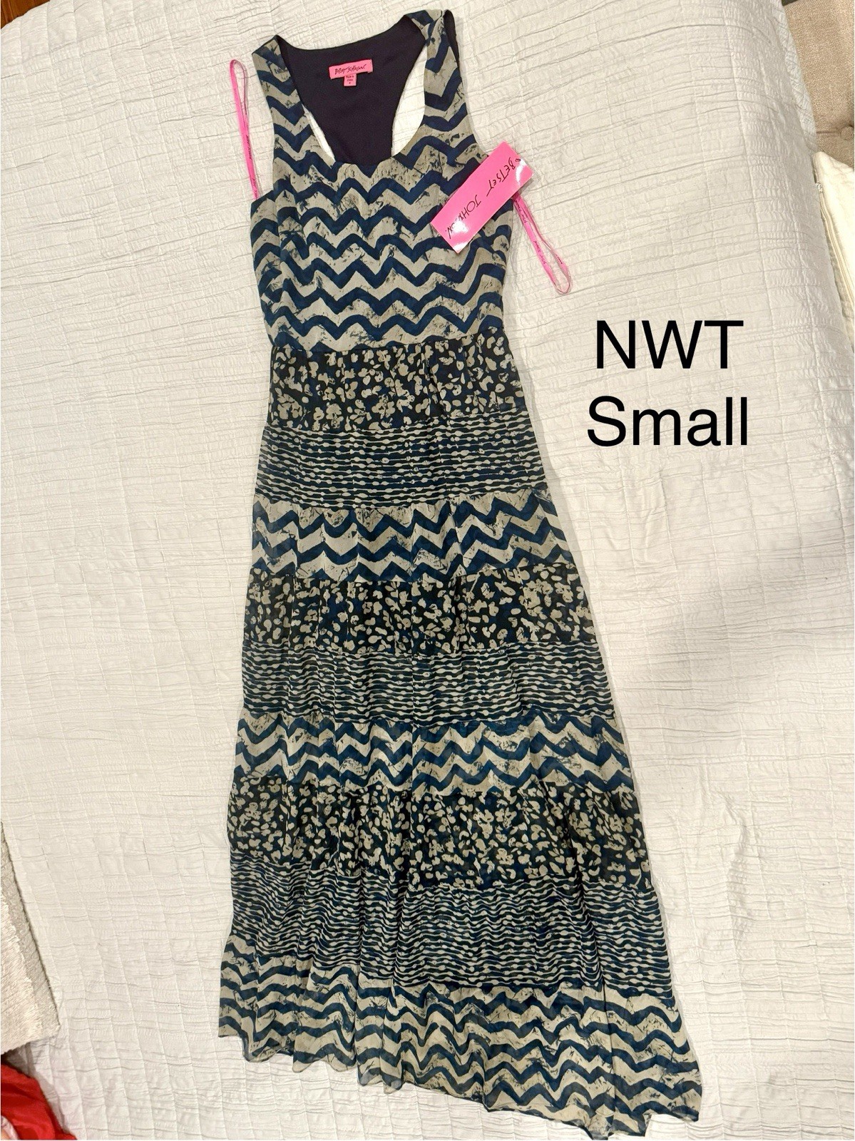 NWT Betsy Johnson Navy & Grey Herringbone Racerback Maxi -Small