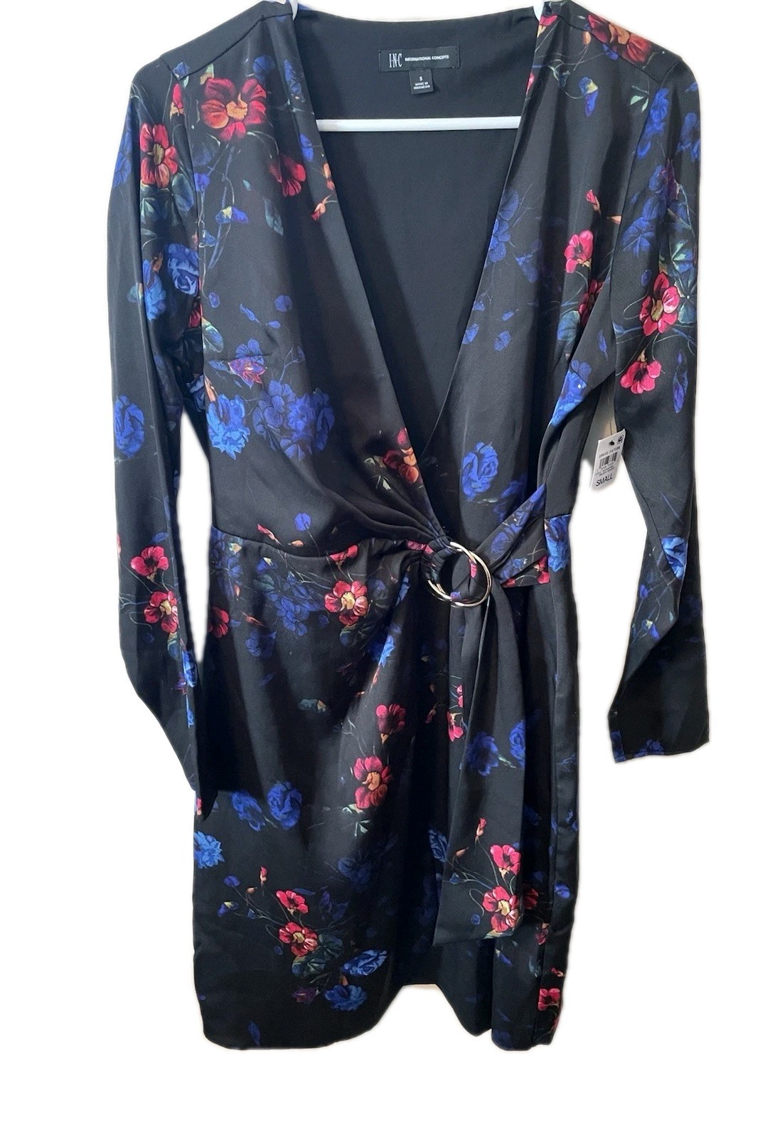 INC International Concepts Wrap Dress, Balletcore, Floral on Black, Brass Accent