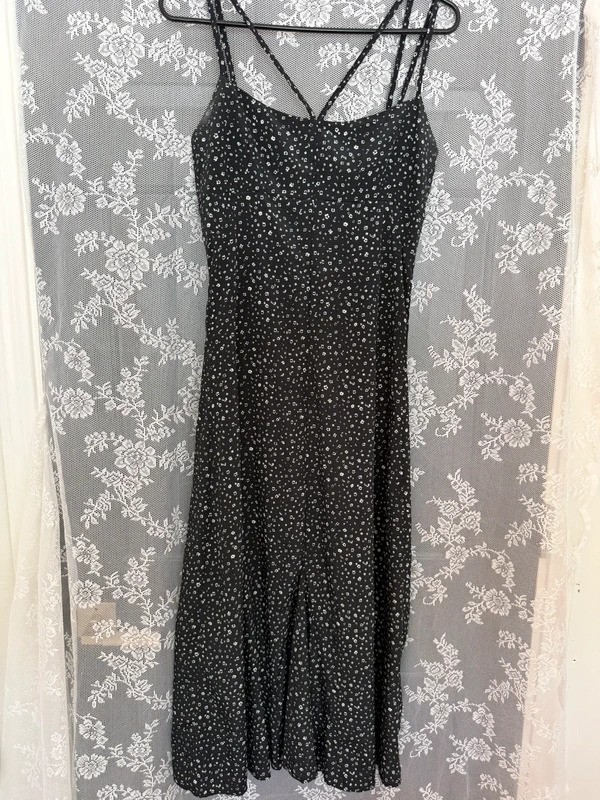 Women’s Black & White Floral Strappy Slip Midi Dress