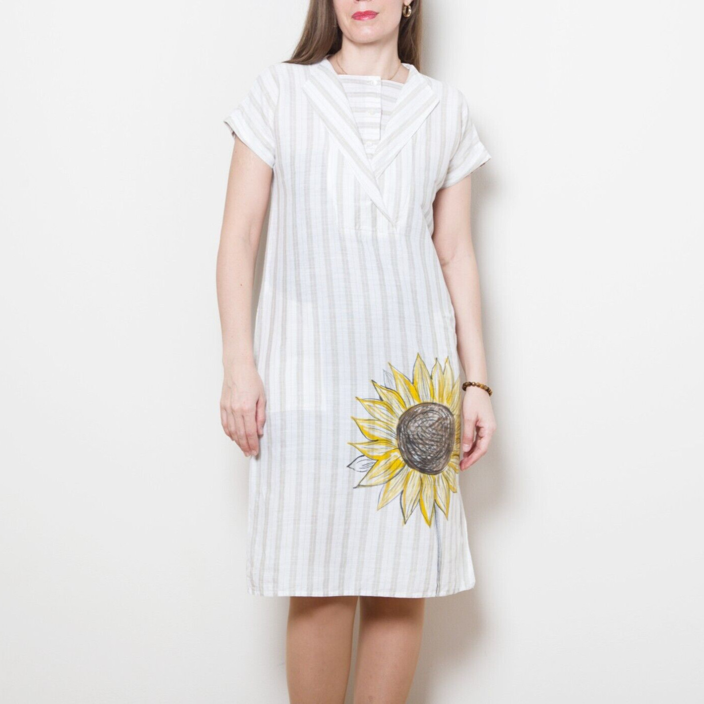 Sunflower Print Striped Linen Dress Upcycled Hand Painted Summer Dress Size M