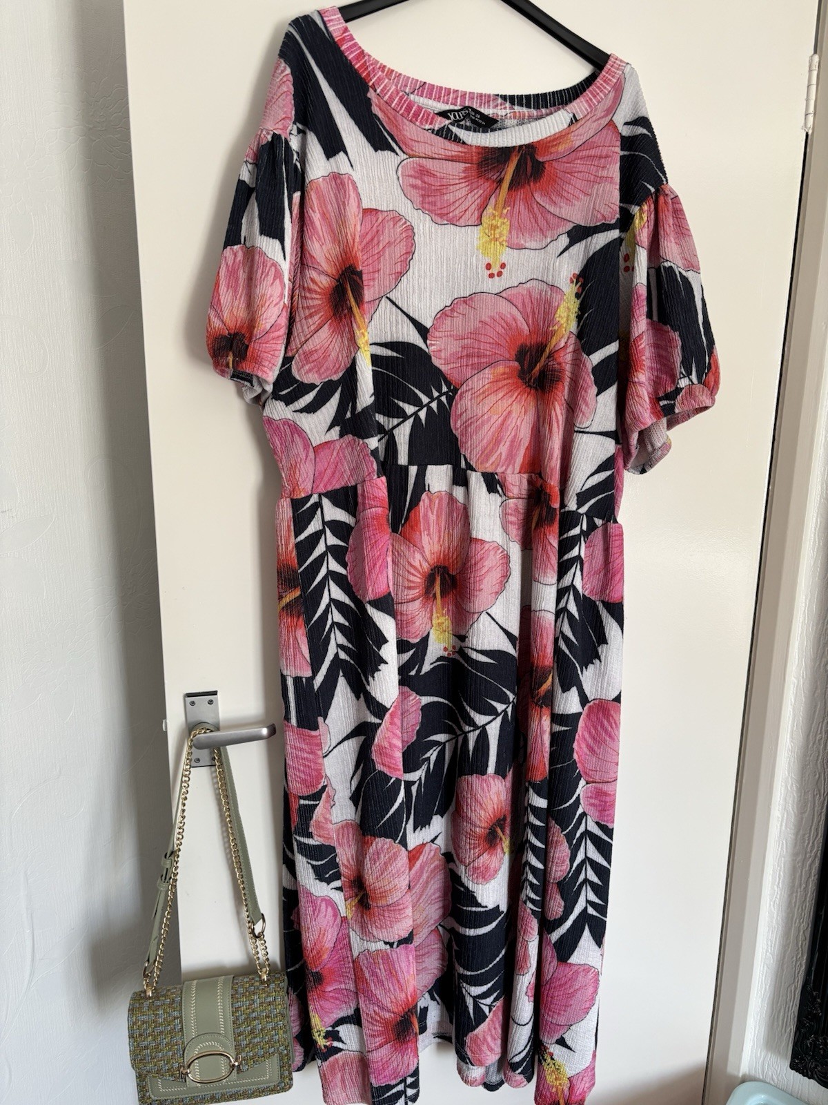 Yours White Navy & Pink Hibiscus Short Sleeve Smocked Textured Midi Dress 26-28