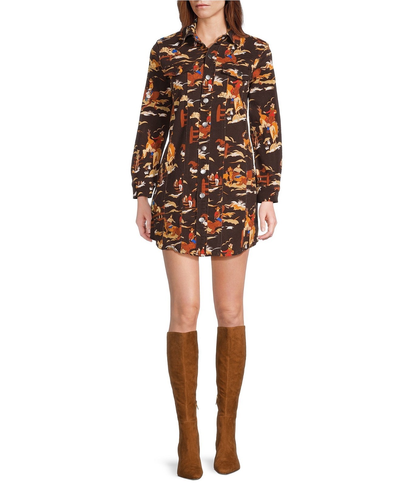 NWT REBA XL Rodeo Cowboy Print Point Collar Long Sleeve Shirt Dress Brown Multi