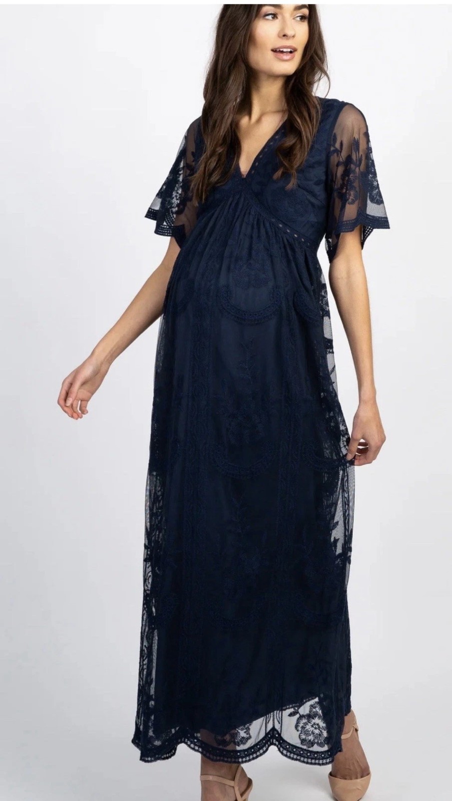 PinkBlush Maxi Maternity Dress Navy Lace Overlay Boho Womens Size Large NWT