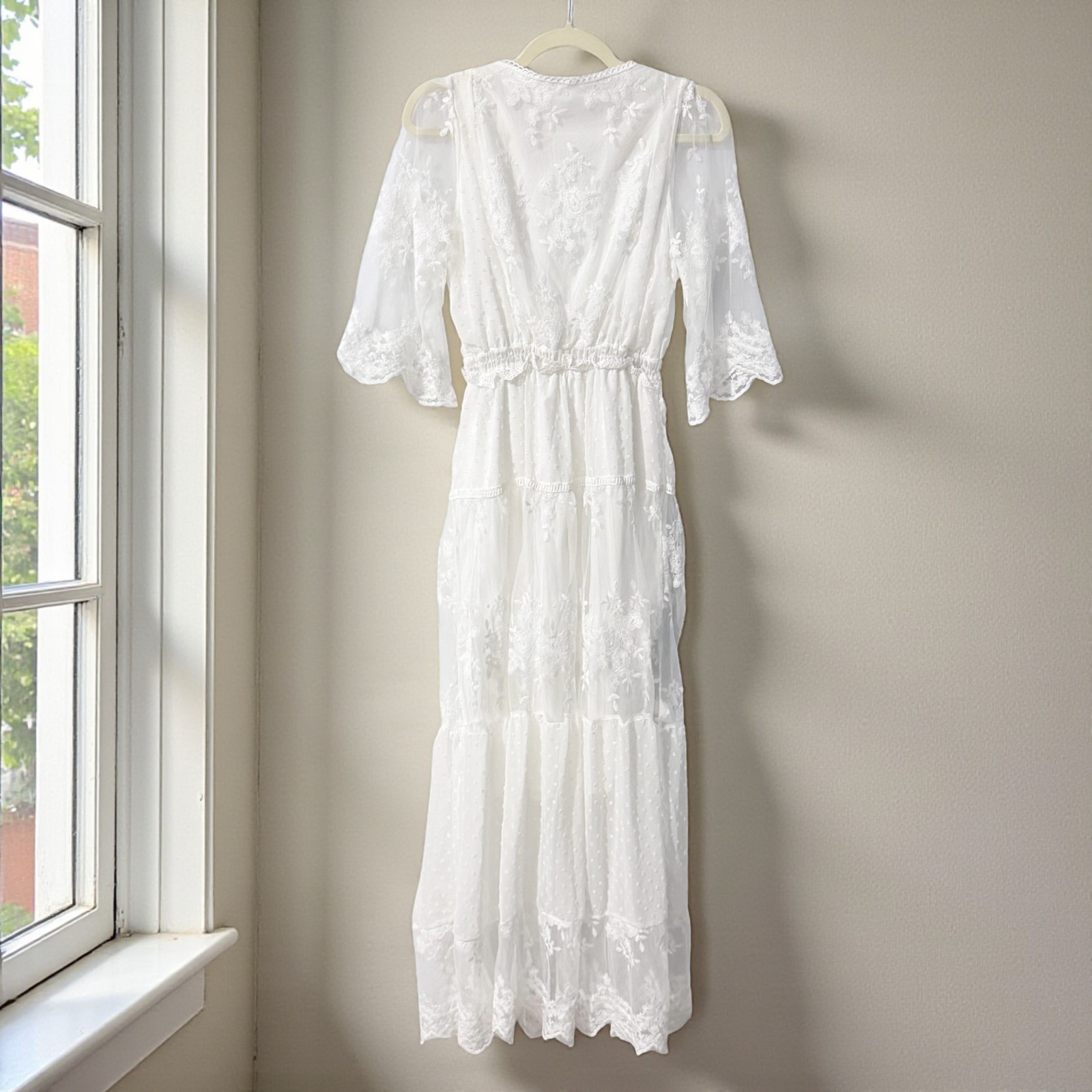 Womens White Floral Lace Swiss Dot Maxi Dress M Boho Embroidered Prairie Lined