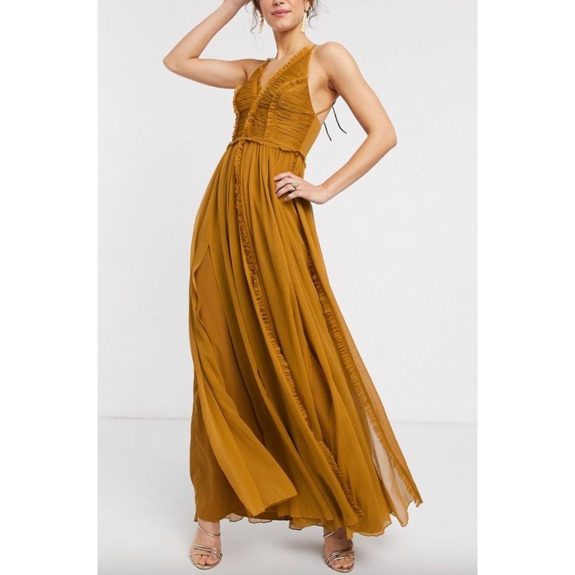 NEW ASOS Maxi Dress Womens 8 Brown Ruffle Halter Pleated Chiffon