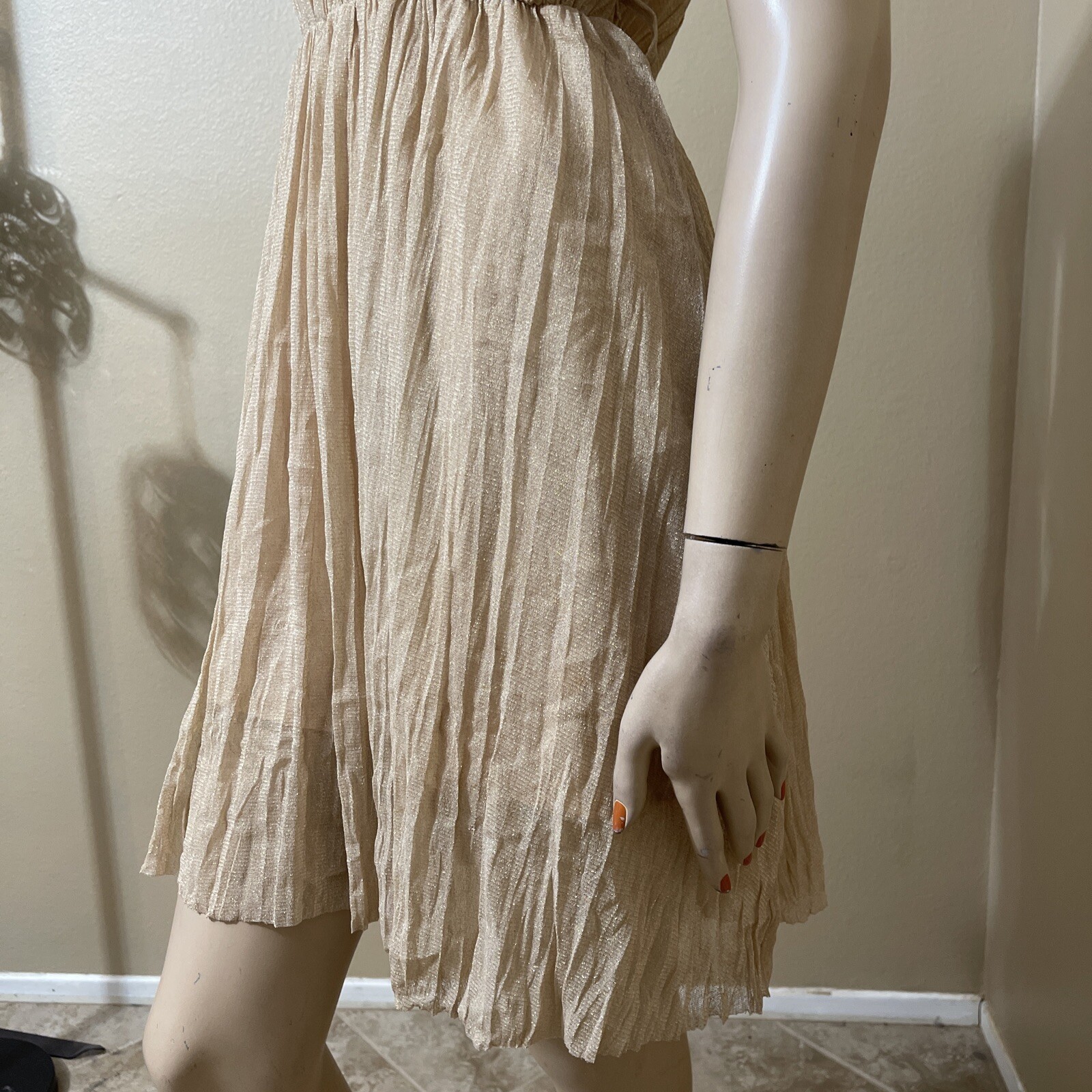 Women’s Beige Polyester Cocktail Layered Pleated Open On Tie Midi Size S Dress