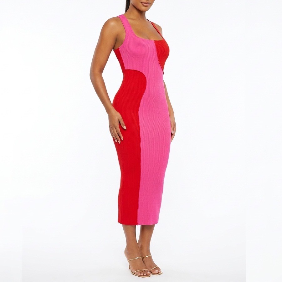 Naked Wardrobe Pink Red Colorblock Ribbed Midi Bodycon Dress Womens L