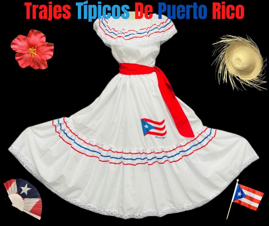Trajes Típicos Bandera de Puerto Rico, Jíbara Boricua 3PC Blanco Set Blusa Falda