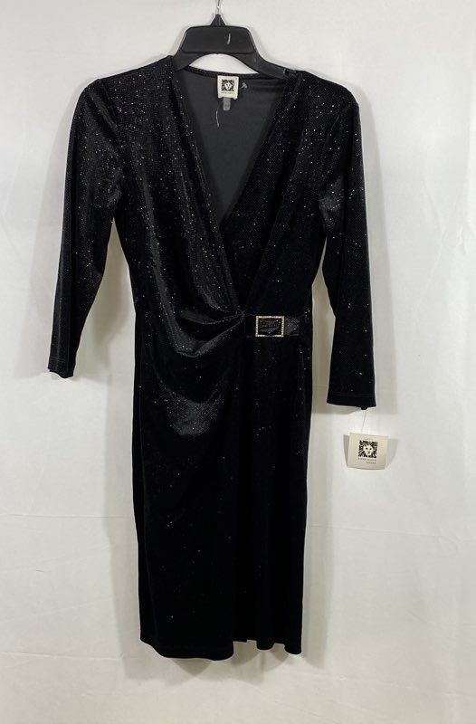 Anne Klein Women’s Black Sparkle Faux Wrap Dress Rhinestone Buckle Sz 2 NWT