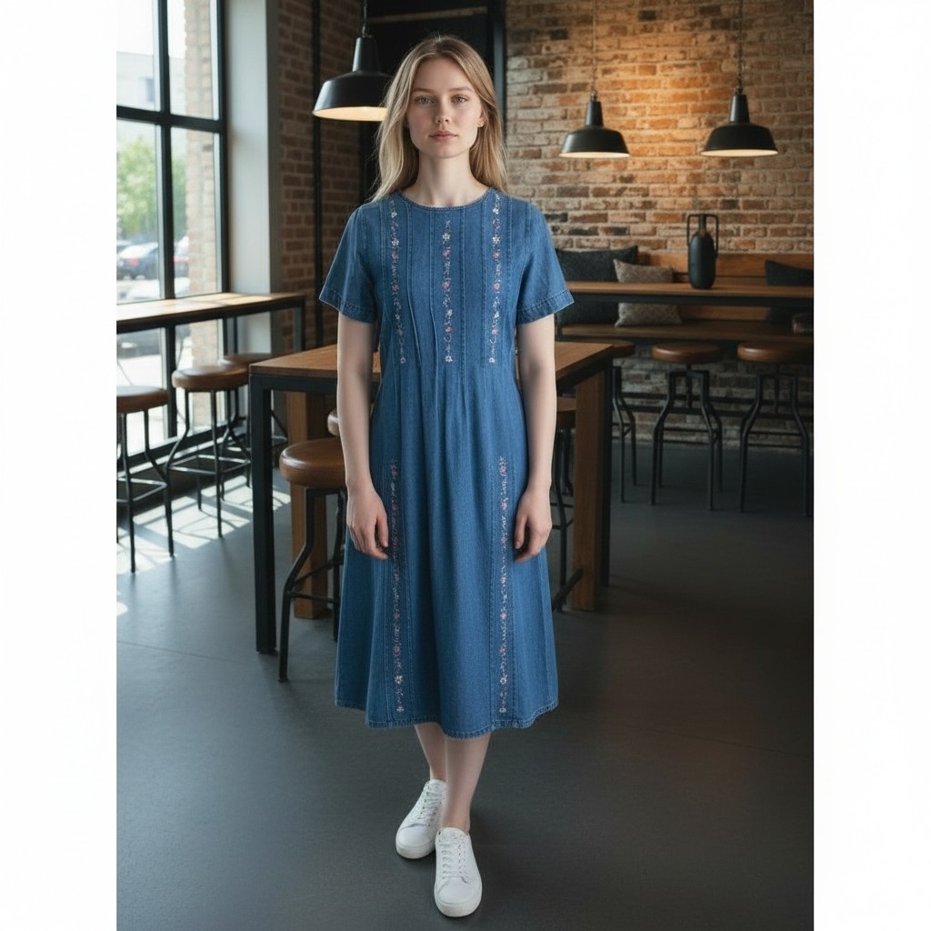 VTG Denim Dress Embroidered Modest Thin Sz 8 Blue Pleaster Cottagecore Jumper