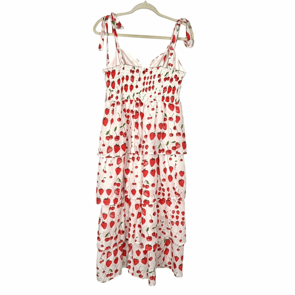 Crystal Doll Midi Dress Womens Large White Red Strawberry Cherry Print Tiered