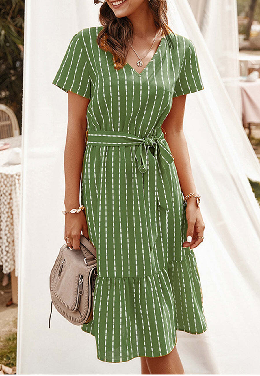 Vertical Striped Short Sleeve Ruffle Flowy Swing Dress With Belt