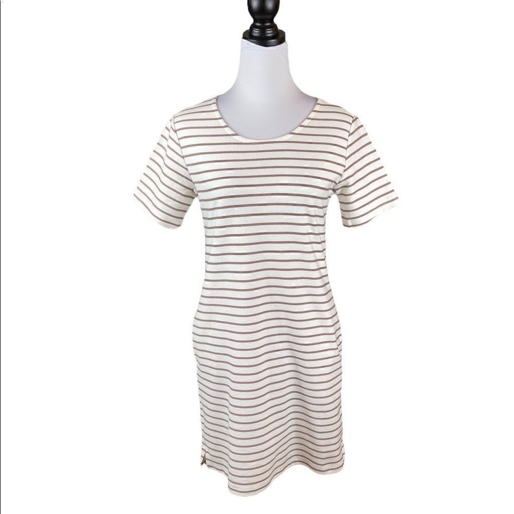 Wishlist Off-White And Taupe Stripe Short Sleeve Dress, Size S