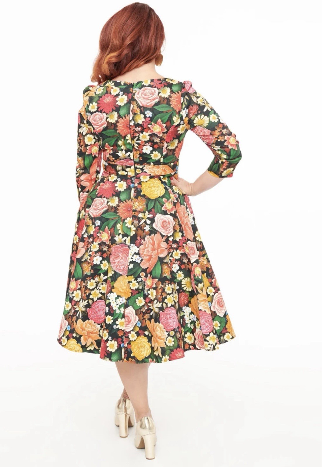 Unique Vintage Hearts & Roses Black Floral Cassidy Swing Dress, NWT!