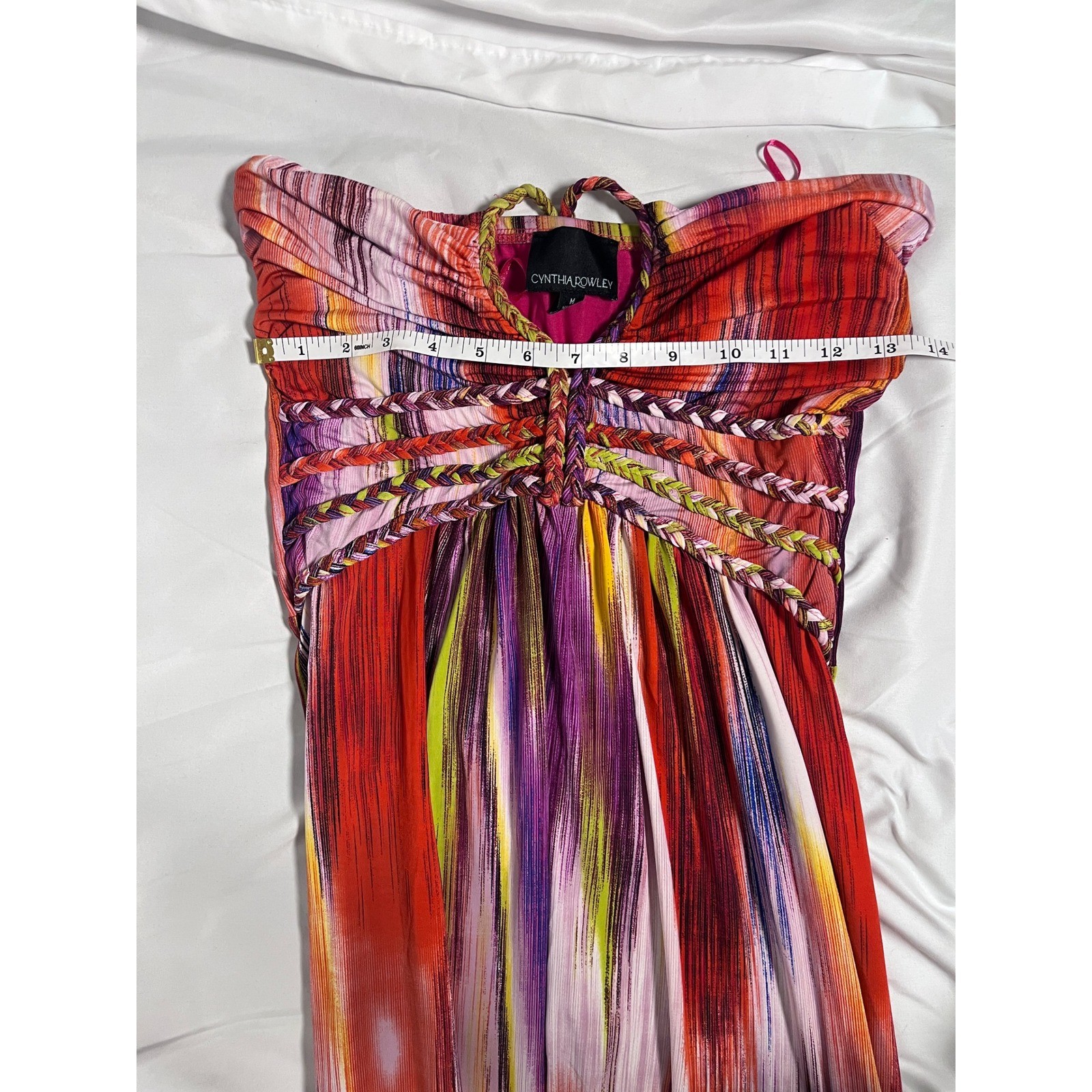 Cynthia Rowley Y2K Colorful Halter Maxi Dress M Braided Detail Resort Artsy
