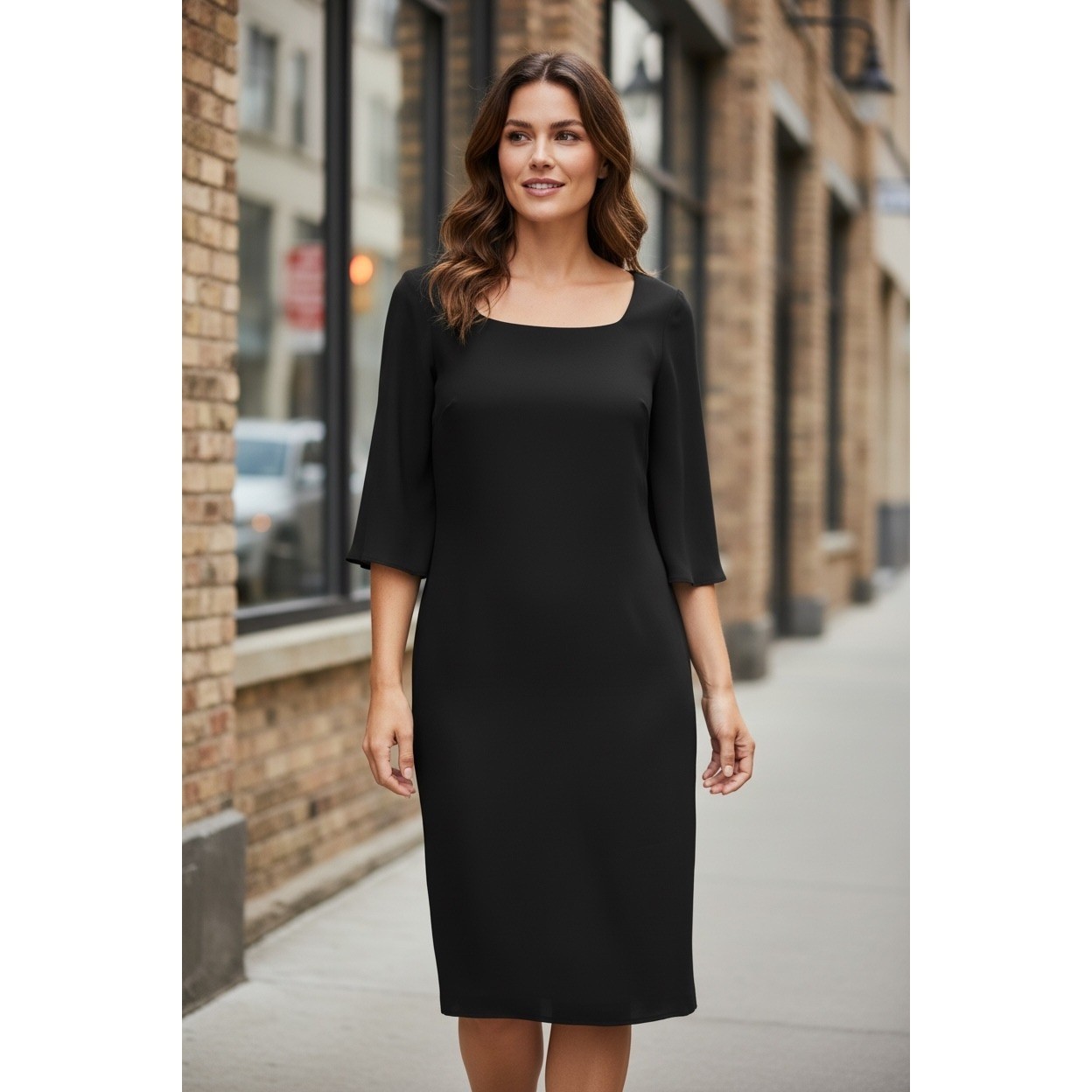 TACERA Black Sheath Dress Midi Bell Sleeve Zipper Back Size M