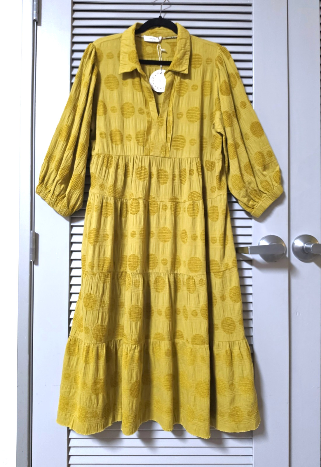 3/4 kiwi dot texture collar tiered maxi long dress 1XL