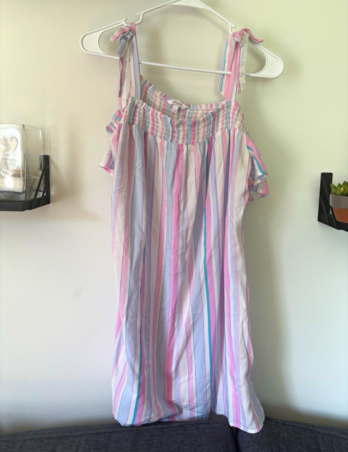 Candie’s Size L Pink Blue White Striped Square Neck Smocked Rayon Shift Dress