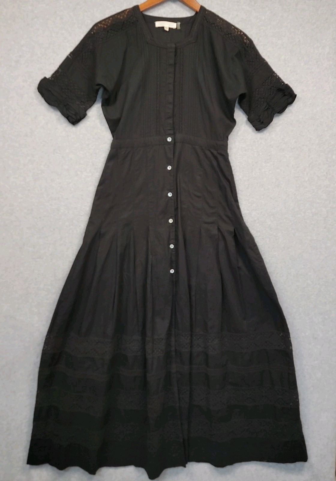 LoveShackFancy Edie Black Maxi Dress Cotton Poplin Button Down Boho Size Small