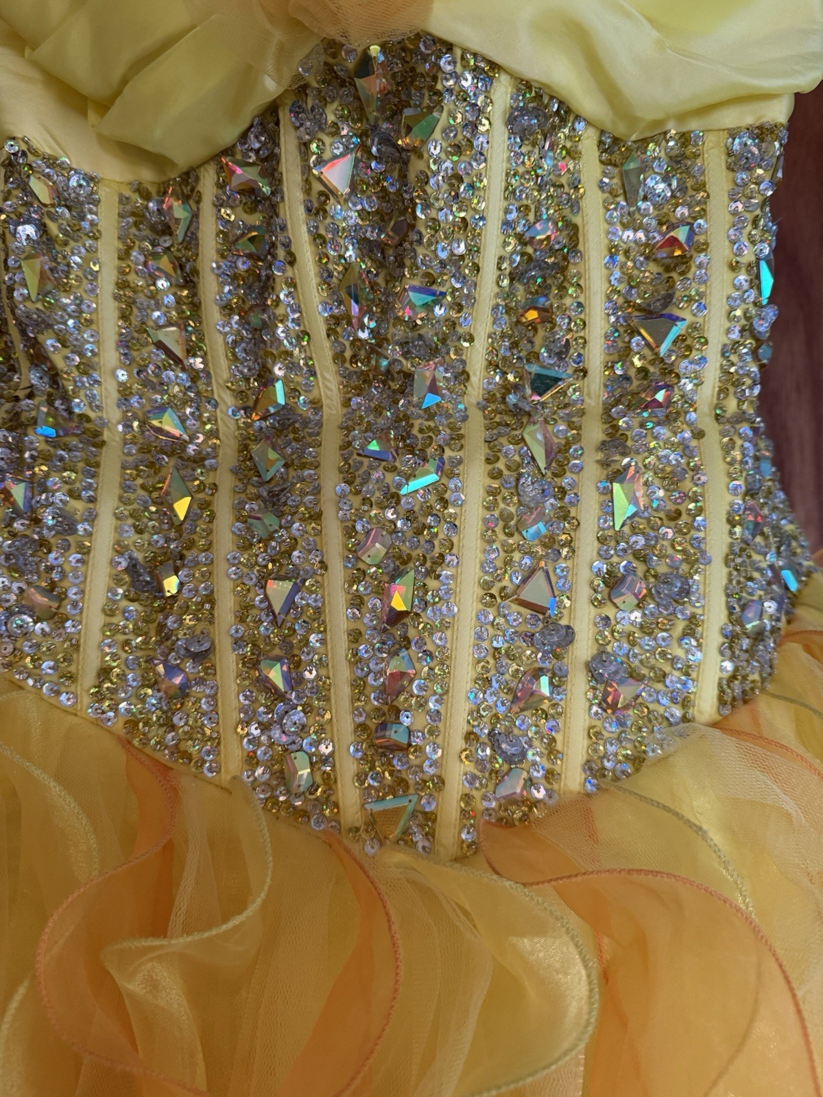 Alyce Paris Yellow Strapless Beaded Sequin Organza Corset Ballgown 14