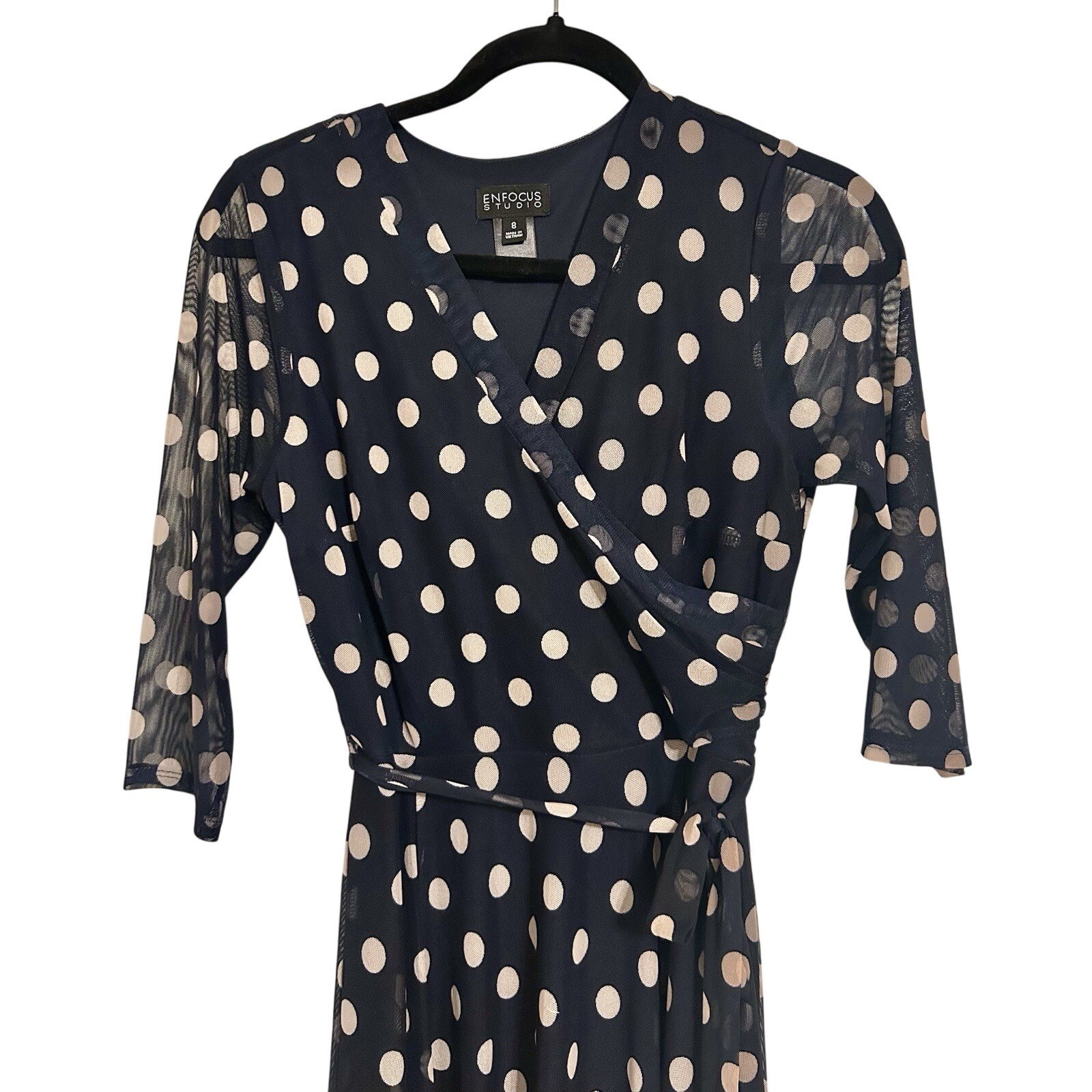 Enfocus Studio Womens Navy Blue Polka Dot Mesh Wrap Maxi Dress Size 8