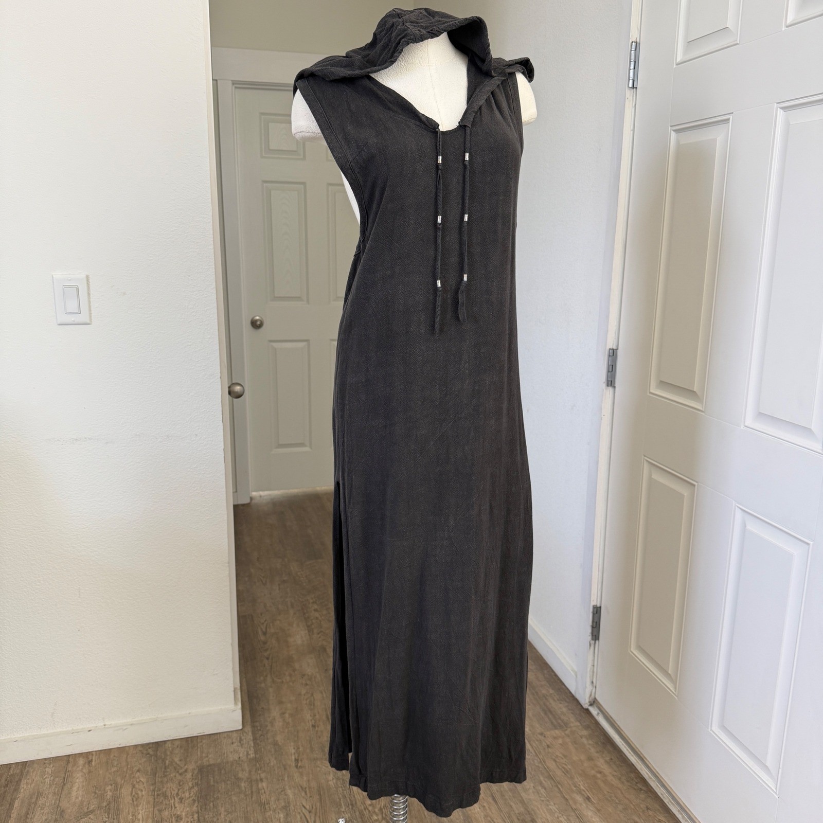 Sita XS Black Hooded Sleeveless Maxi Dress Side Slit Boho Grunge Loungewear