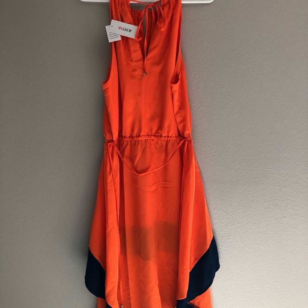 JUSTFAB Womens Junior Dress High Low Orange Navy Blue M Elastic Drawstring