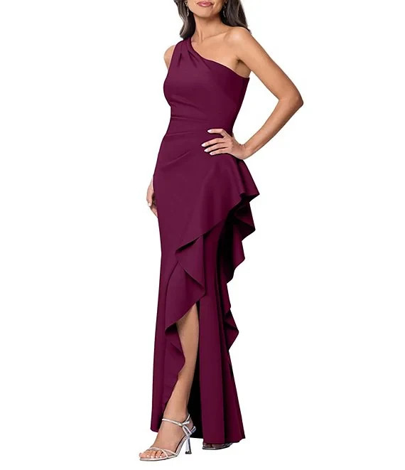 Xscape One Shoulder Side Ruffle Scuba Crepe Gown Raisin Color Size 4 $248