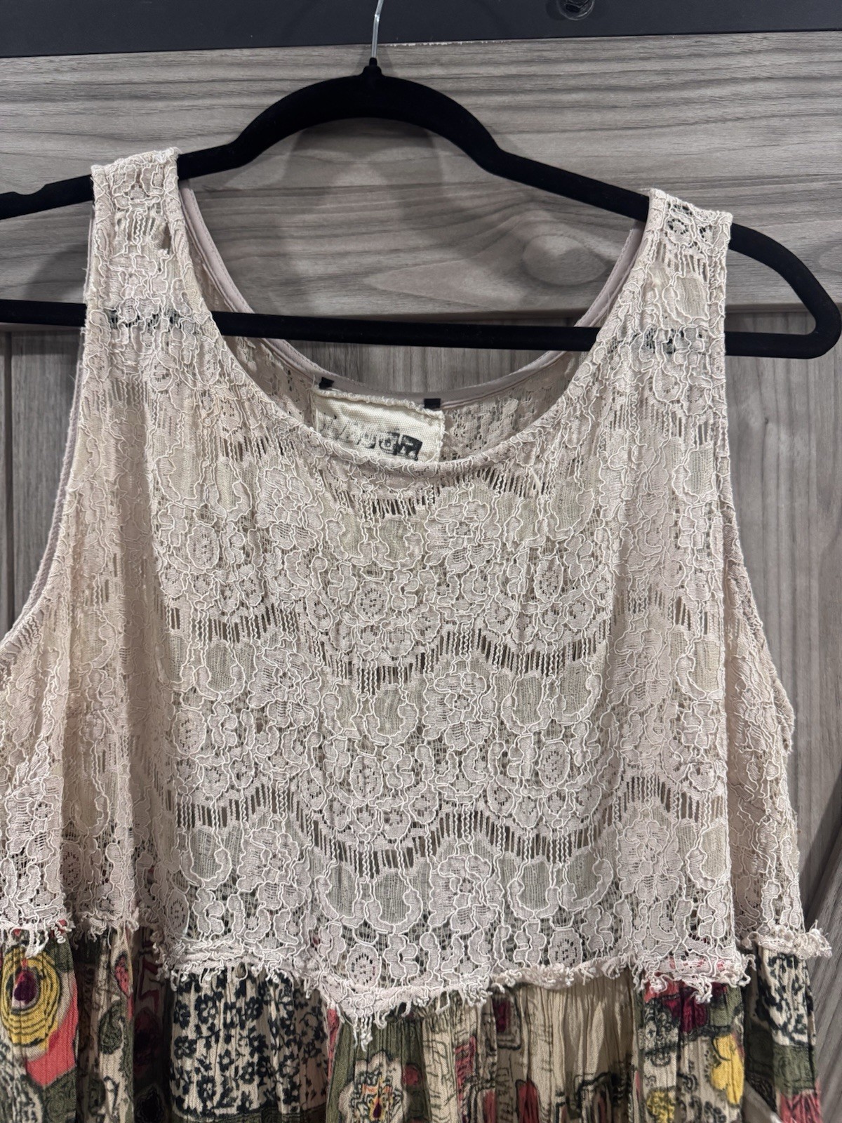 boho patchwork sleeveless floral lace tiered oversized Dress M Peasant festival