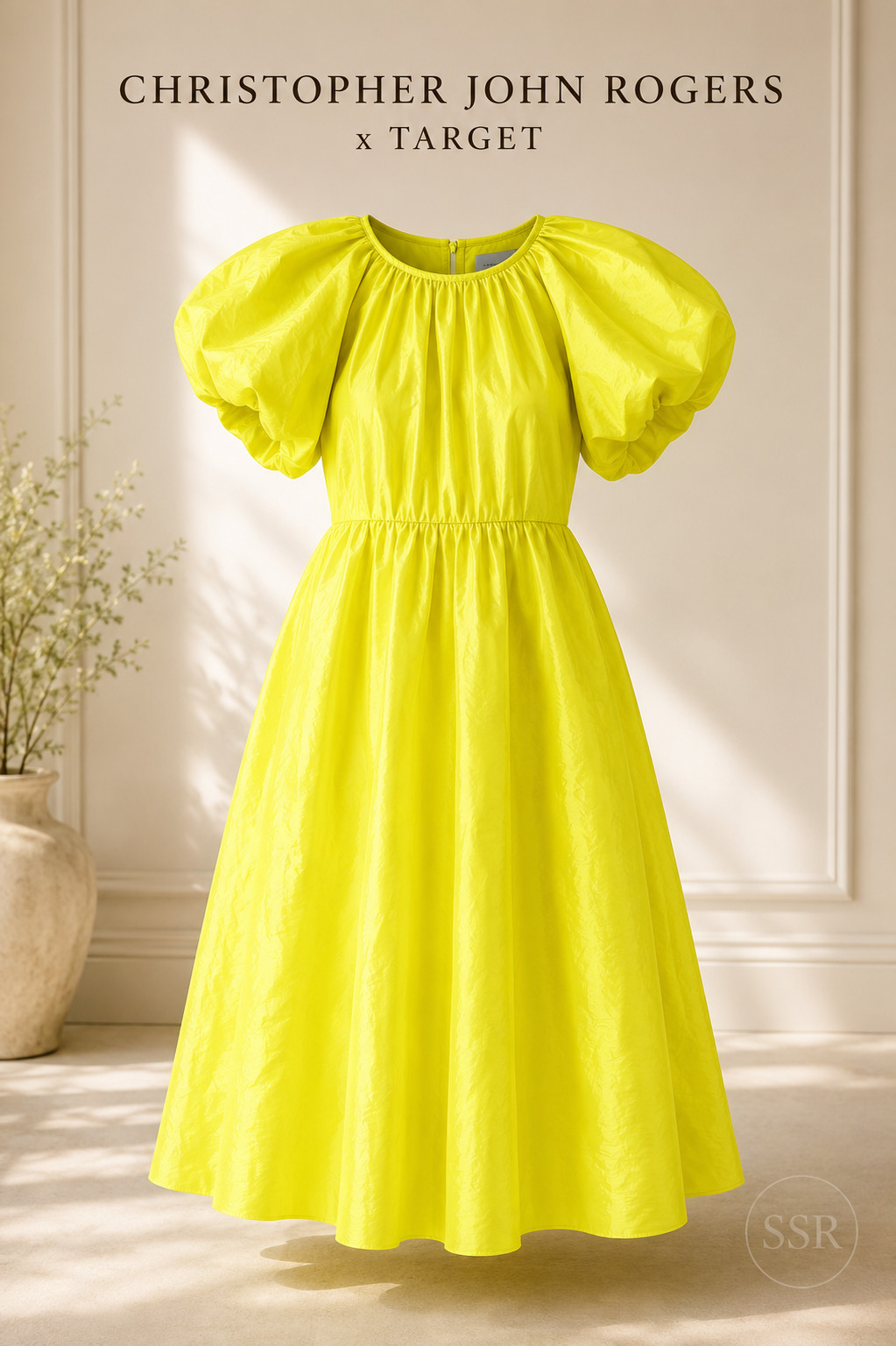 Christopher John Rogers x Target Yellow Puff Sleeve Midi Dress Size L Neon Chart
