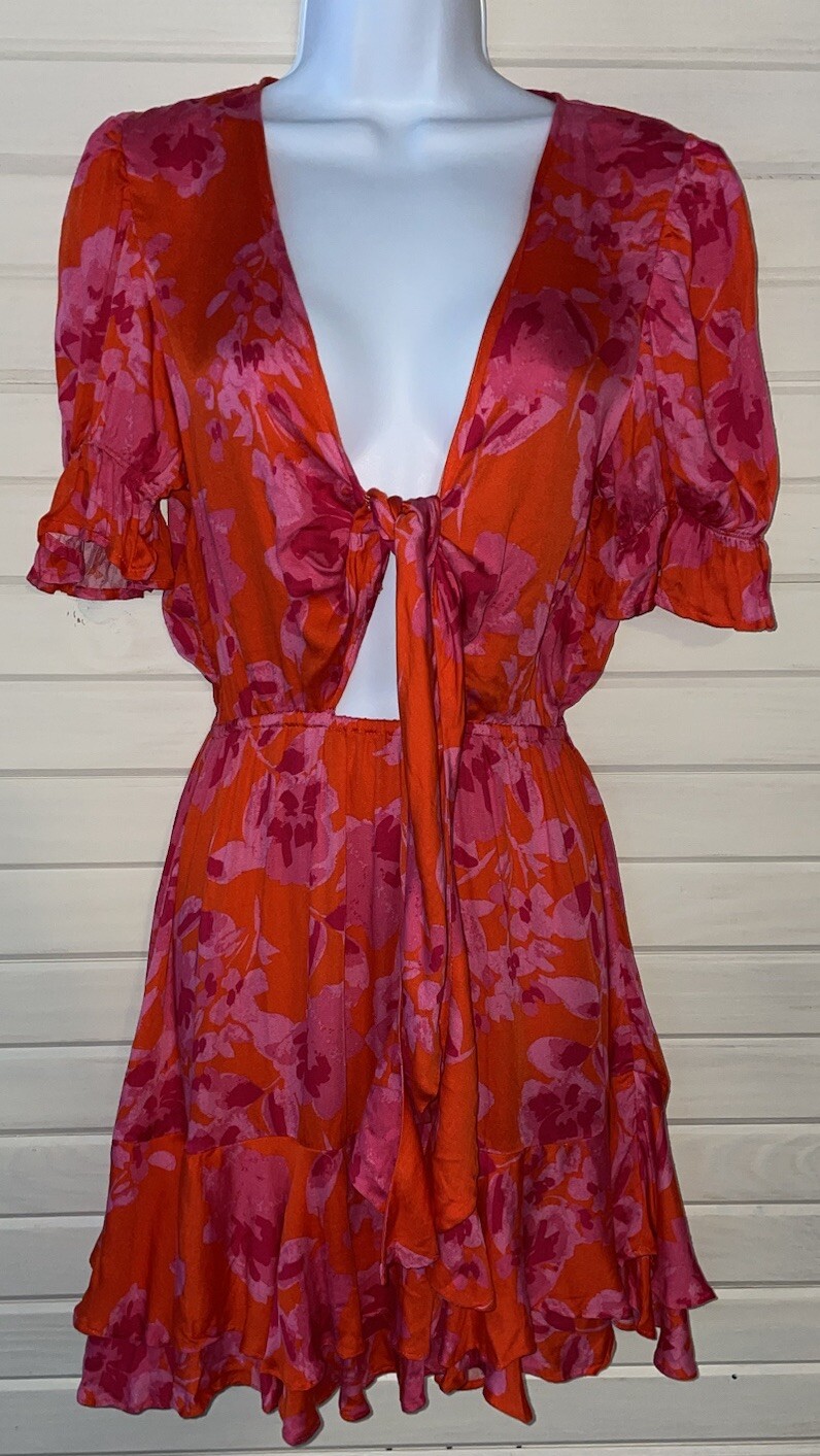 NWT Olivaceous Sz Small Pink Orange Floral Front Tie Ruffled Dress