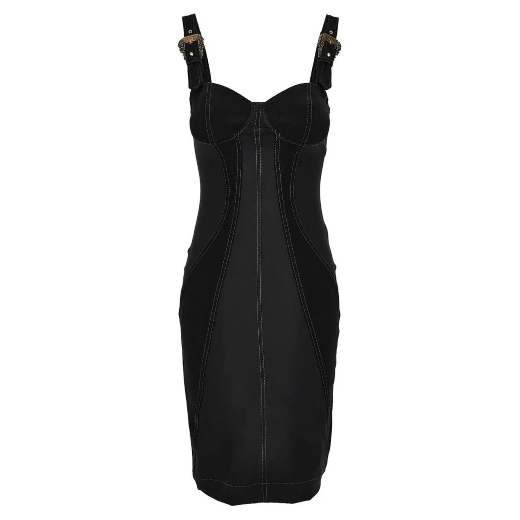 Versace Jeans Couture Baroque Buckle Embellished Seam Sheath Black Dress 2 NWT