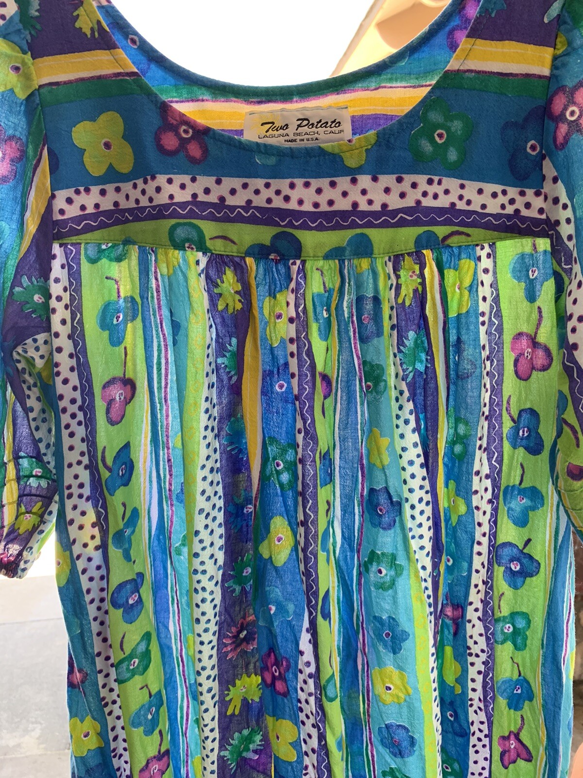 S 2 Two Potato Purple Blue Flower Stripe Casual House Dress Lounge Vintage Small