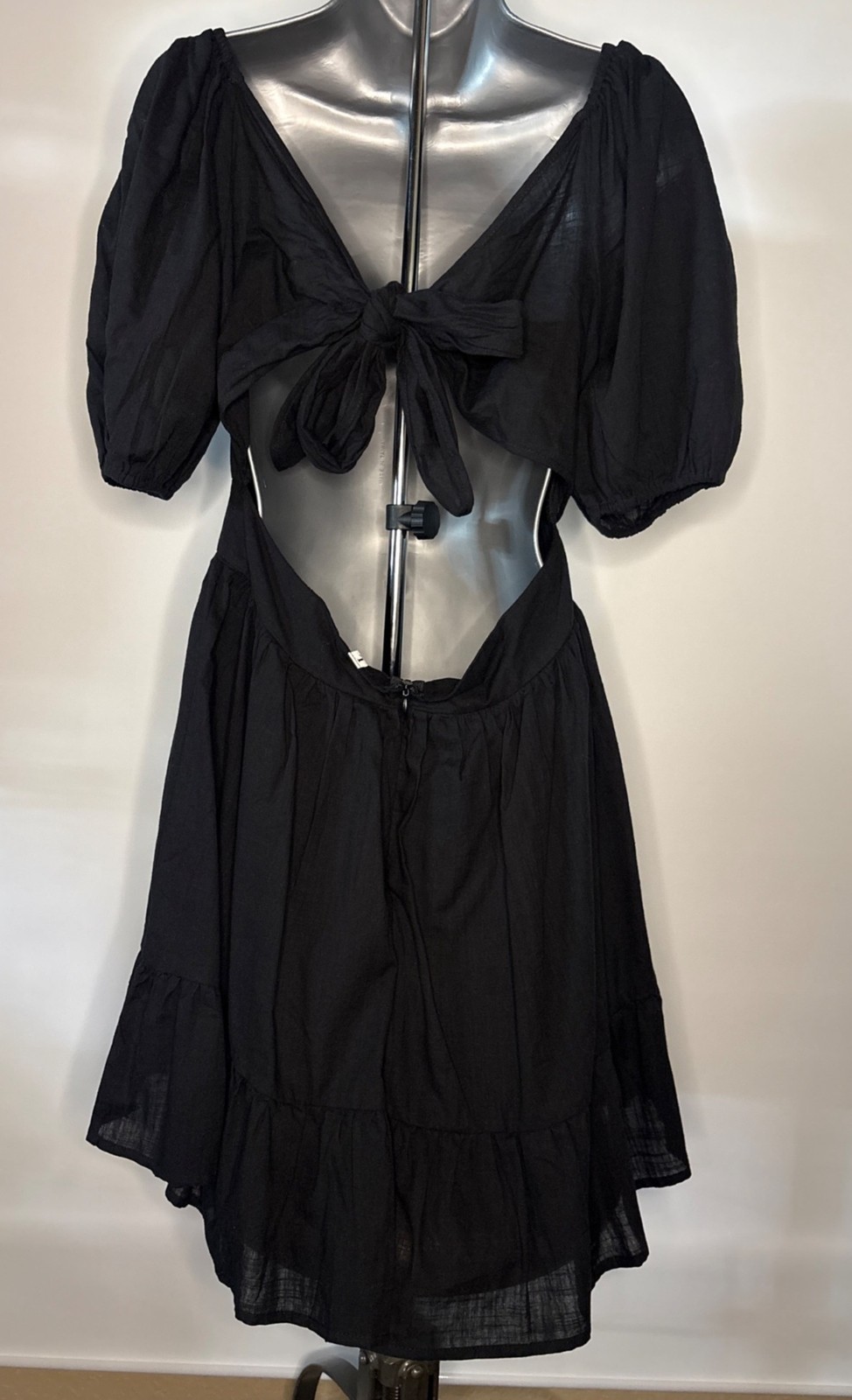 SHEIN Midi Black Backless Cut Out Puff Sleeve Tie Back Smocked Waist Ruffled Hem