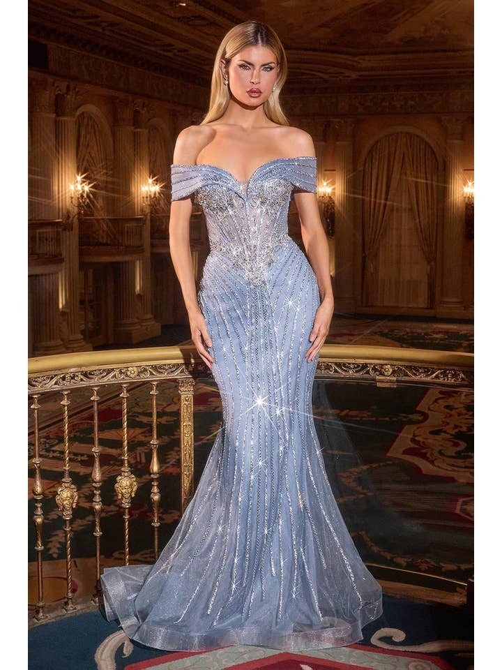 Ladivine Off the Shoulder Smoky Blue Beaded Mermaid Gown KV1130