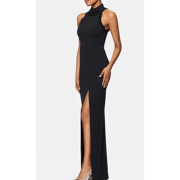 Xscape Black Halter Neck Ruffle Crepe Open Back Gown Size 8 $235