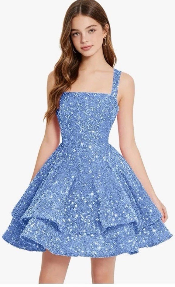 Light Blue Flowy Sparkly Sequin Short Homecoming Dress Square Neck Size Small