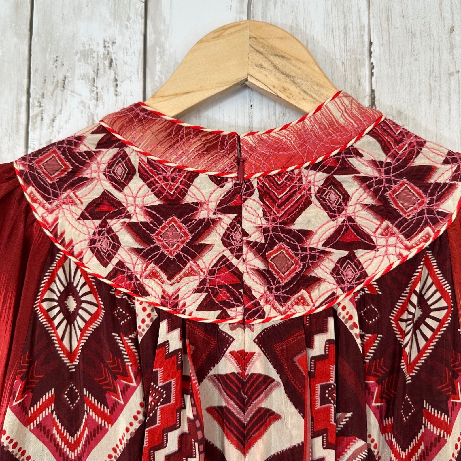 Farm Rio Ikat Boho Quilted Embroidery Puff Sleeve Mini Dress Size S Festival 70s