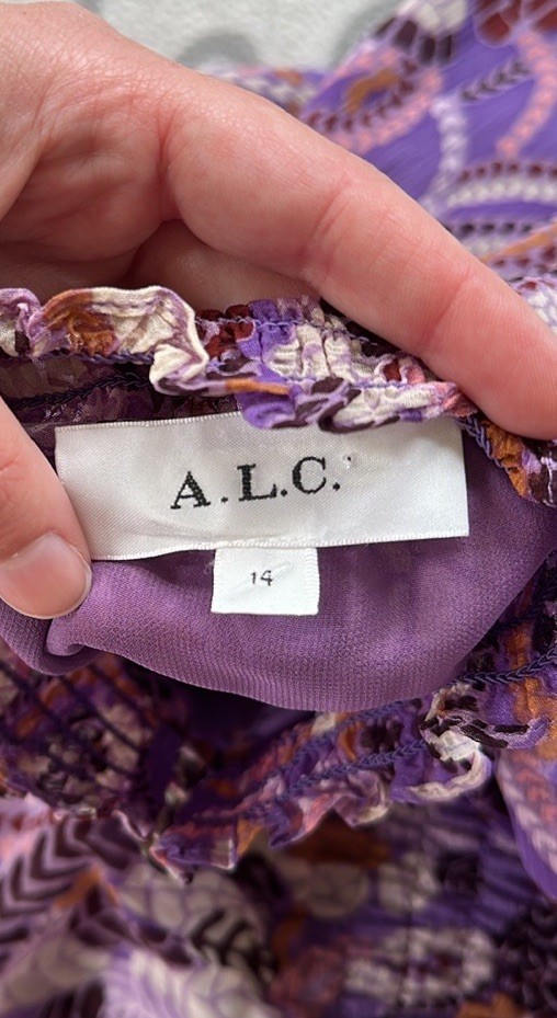 A.L.C. Purple Paisley Halter Sleeveless Smocked Dress Womens Size 14 Silk Blend