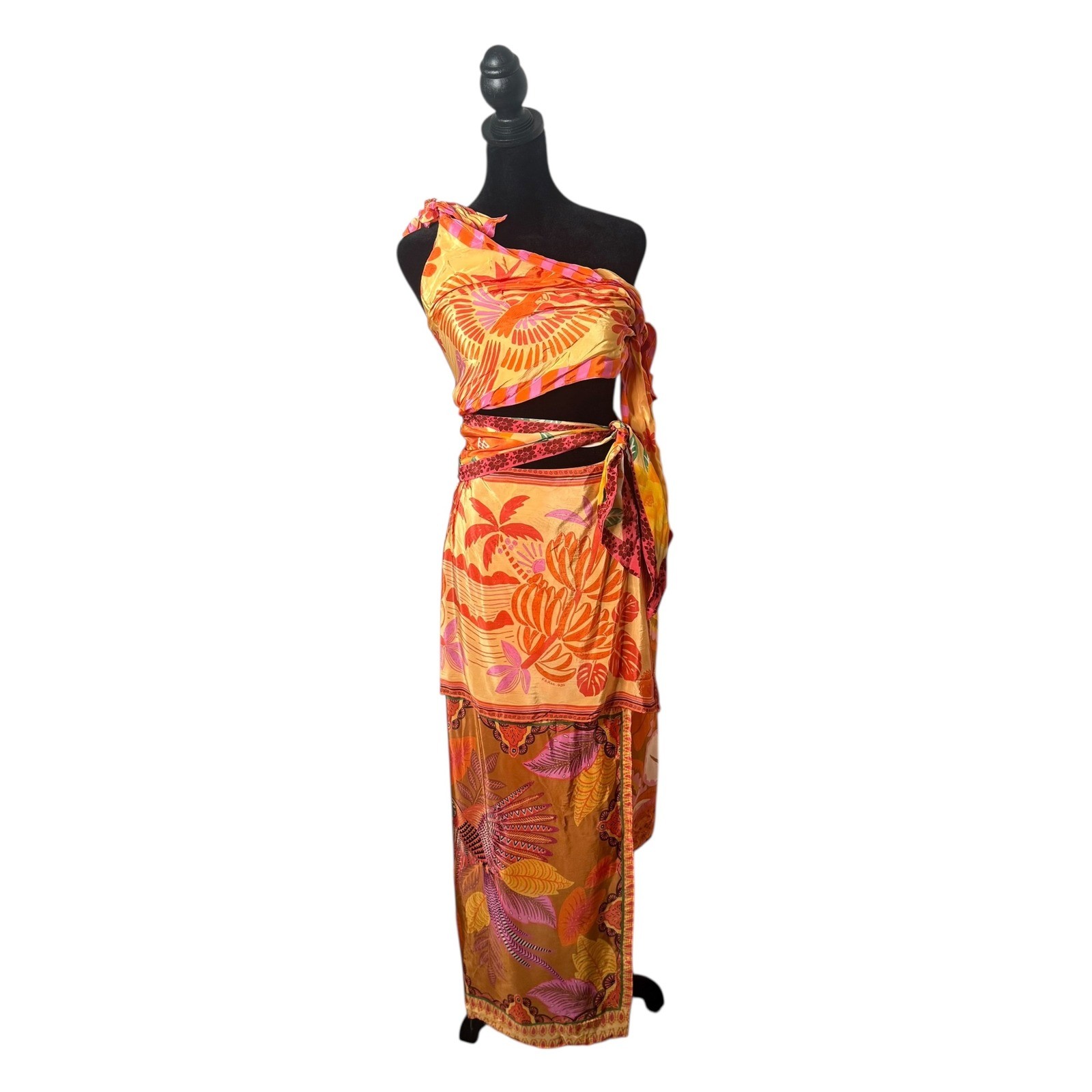 Farm Rio Forest Mixed Scarves Midi Dress XXS One Shoulder Tropical Print NEW
