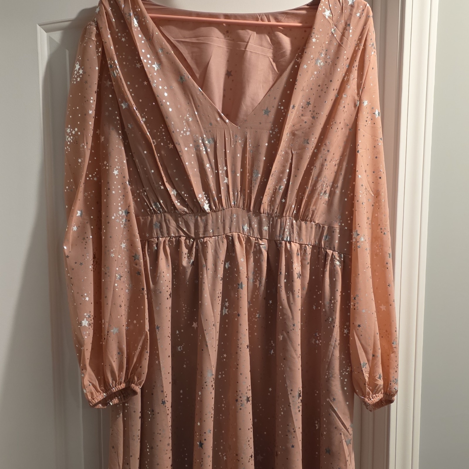 SHEIN Curve 0XL Pink Silver Star Ball Gown Long Dress V-Neck Balloon Sleeve