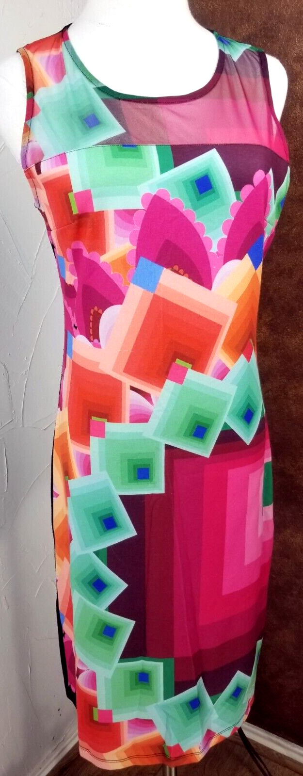 Desigual Sleeveless Sheath Bodycon Dress L Pink Green Margaret Preto Geometric