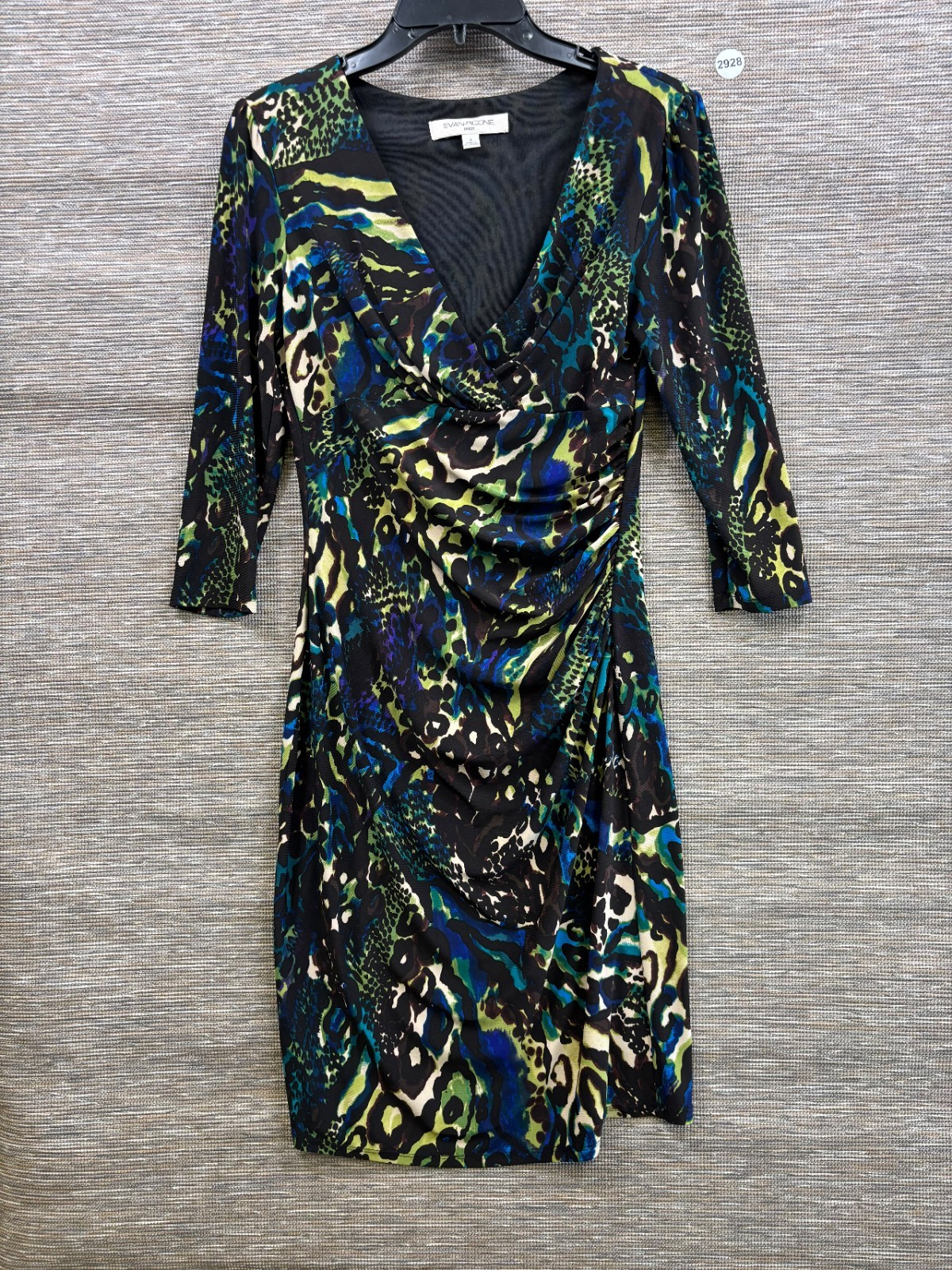 Evan Picone Snakeskin Sheath Dress Womens Size 4 Green Ruched Bodycon 3/4 Sleeve